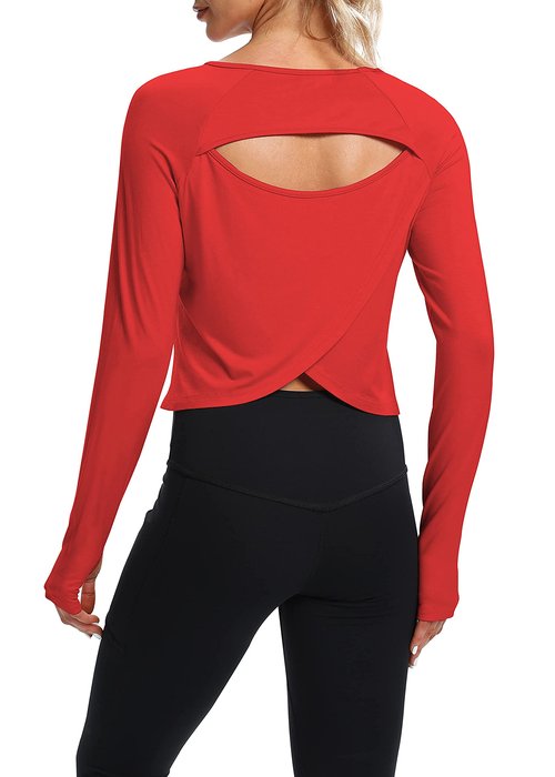 Bestisun Womens Athletic Long Sleeve Shirts Backless Workout Yoga Crop Tops Sports Dance Clothes Red XL