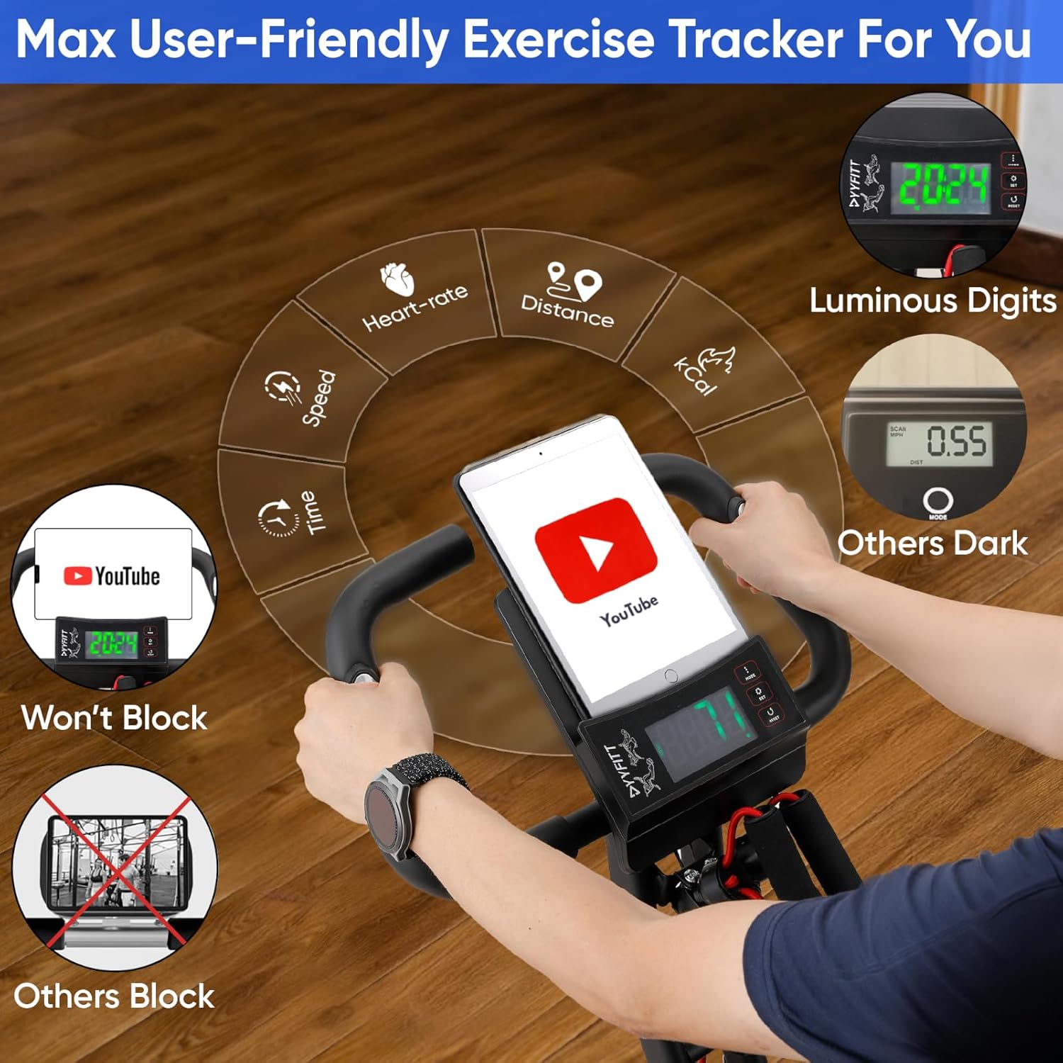 YYFITT 3-IN-1 Exercise Bike - Compact Folding Stationary Bike with Luminous Display & 16 Levels of Resistance - Ideal for Seniors