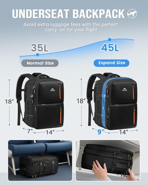 MATEIN Travel Backpack - Expandable Underseat Design with Shoe Compartment | Fits 17" Laptop, Black