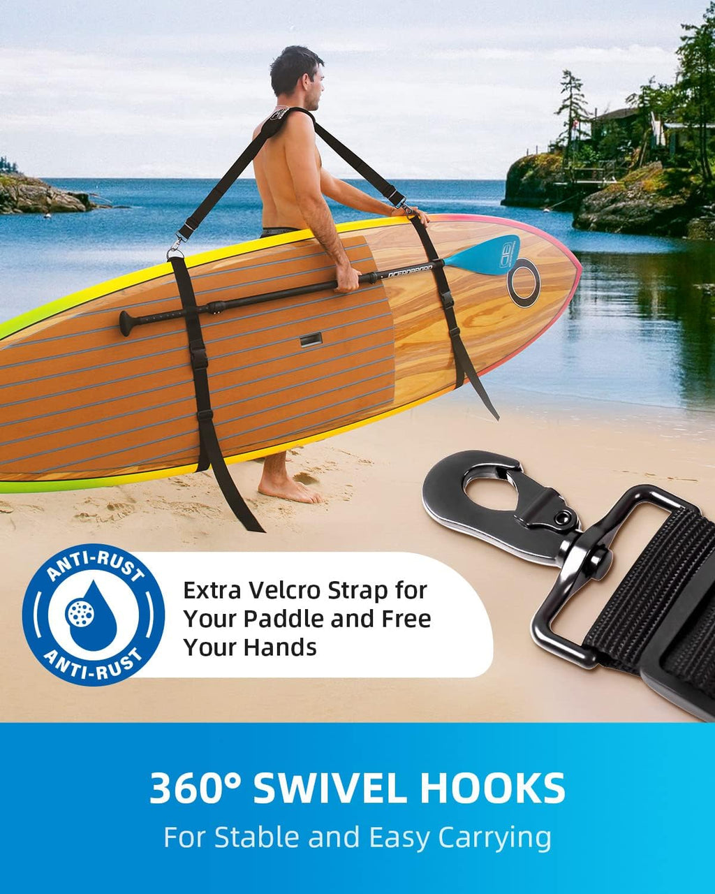 OCEANBROAD SUP Kayak Carry Strap - Adjustable Shoulder Strap with Clips for Paddle Boards & Canoes