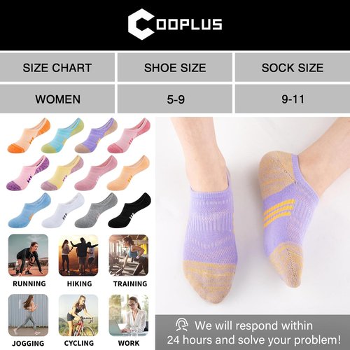 COOPLUS No Show Socks - Women's Athletic Cushioned Cotton | Low Cut Non-Slip Running Socks (6 Pairs)