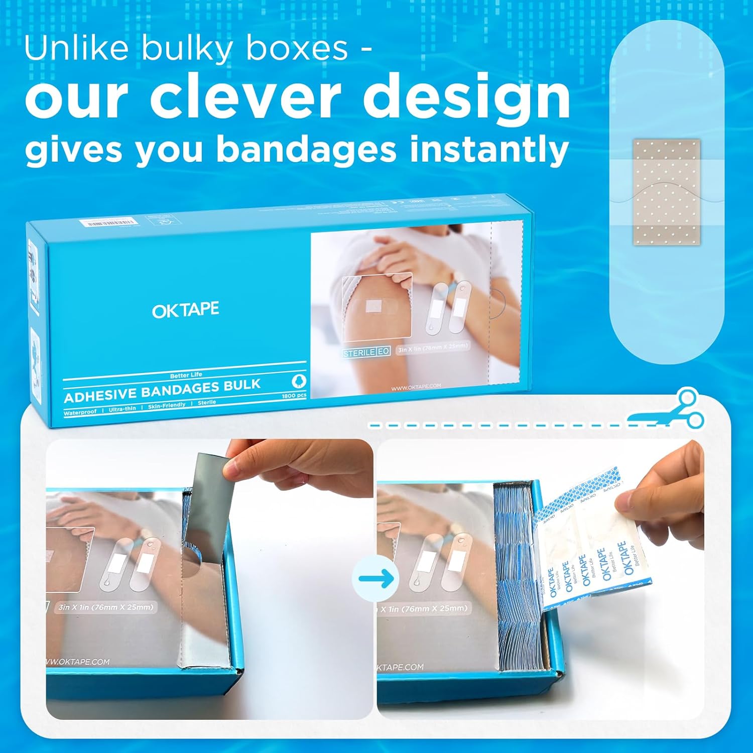 OK TAPE Adhesive Bandages - Waterproof Sterile Sheer Strips, 1" x 3", Bulk Case of 1800 for First Aid