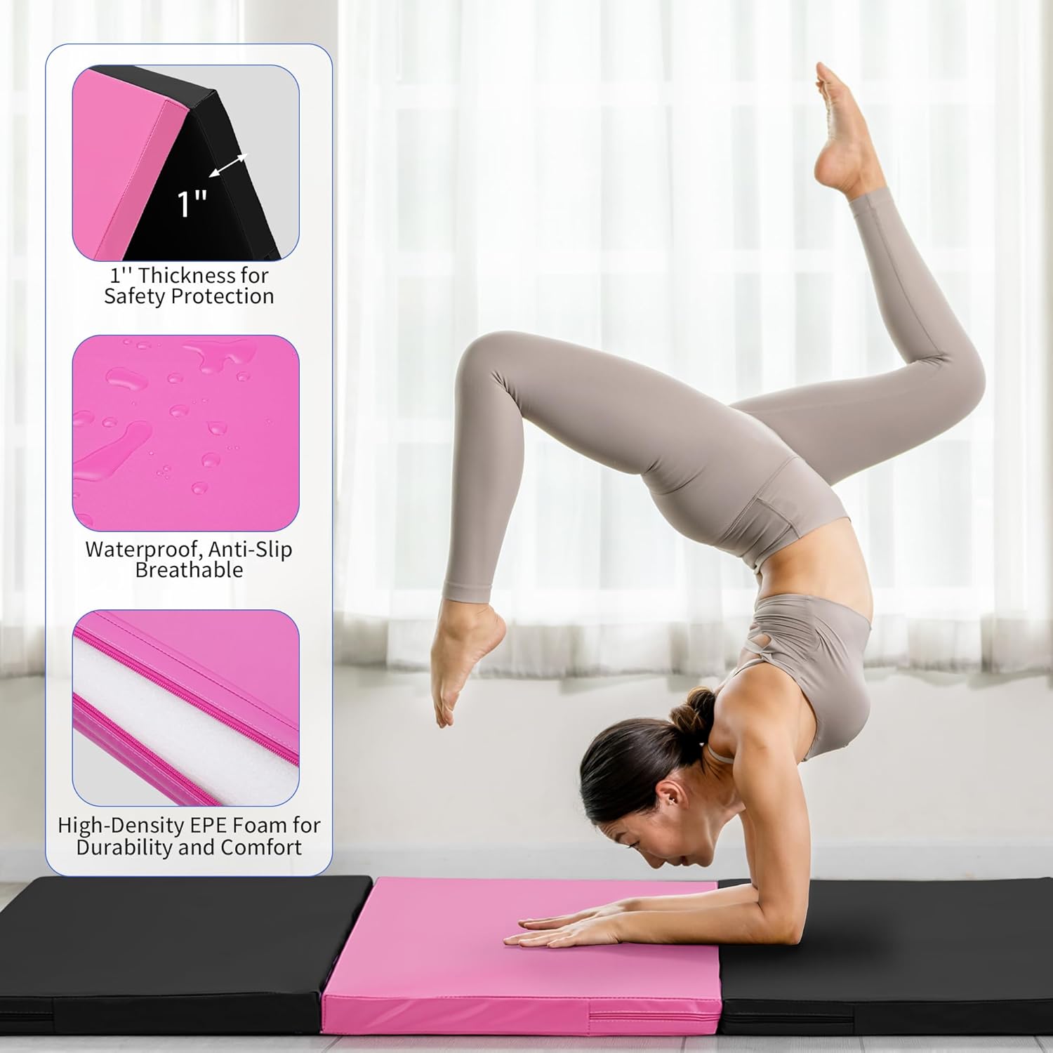 Skiennix Gymnastics Mat - Portable 4-Fold Thick Yoga Mat with PU Leather & Carry Handle - 6'x3'x2''