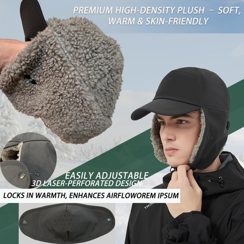 Trapper Hat for Men Women Waterproof Winter Warm Baseball Cap with Ear Flaps and Mask Black