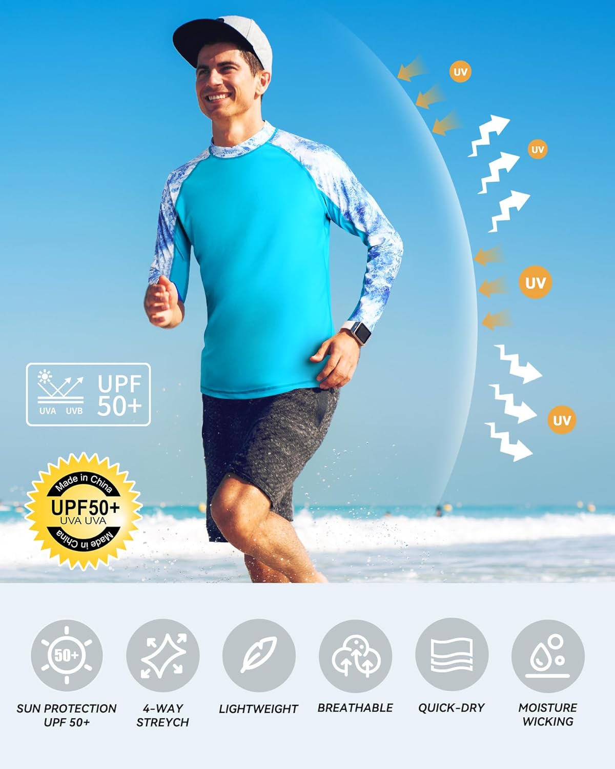 Skiennix Men's Long Sleeve Swim Shirt - UV Sun Protection Rash Guard | UPF 50+ Fishing Base Layer