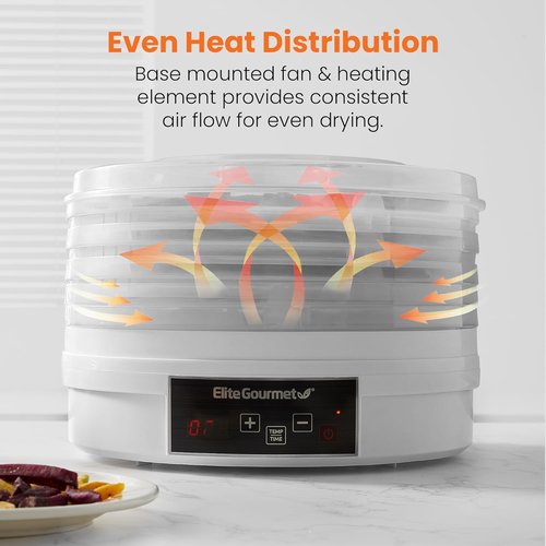 Elite Gourmet Digital Food Dehydrator - 5 BPA-Free Trays, Adjustable Timer & Temperature Control, White