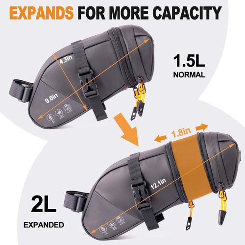 Colefunmit Bike Seat Bag, Water-resistant Bicycle Saddle Bag with Reflective Strap, Expandable Capacity Cycling Under Seat Pouch 1.5-2 L, Bike Seat Pack for Mountain Road Bikes and Commuters