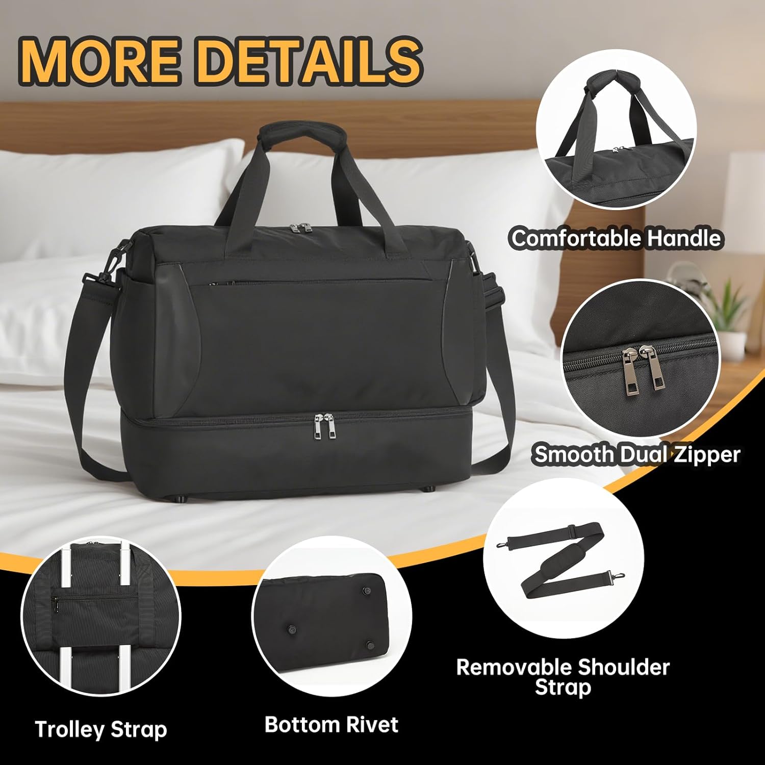 Seyfocnia Gym Duffel Bag - Lightweight Travel Bag with Shoe Compartment | Black Weekender for Men & Women