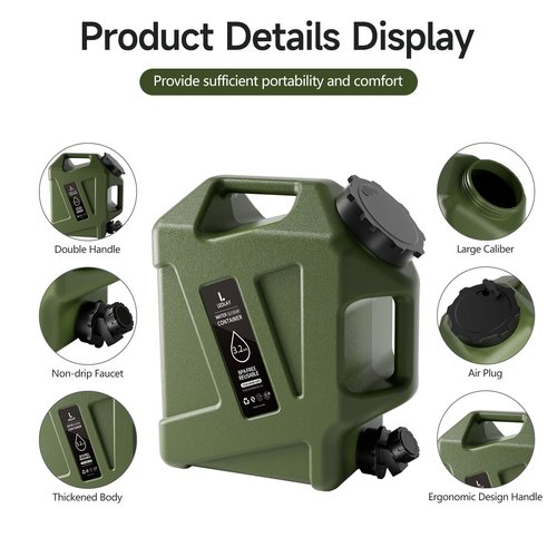 LEDLAY 3.2GAL Camping Water Jug, Portable Water Storage Container with Spigot, Leak-Proof Lid & Dual Handles, Outdoor Water Tank for Camping, RV, Emergency Preparedness