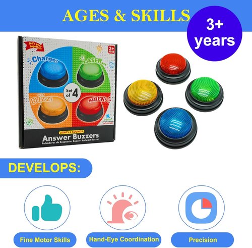 Buzzers Set of 4 | Trivia Game Answer Buzzers with Lights & Sound for Classroom Fun