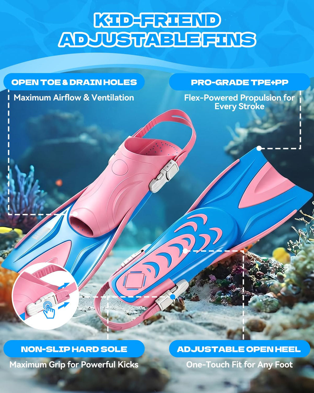 Aegend Snorkeling Gear Set for Kids - Anti-Fog Diving Mask, Adjustable Fins & Dry Snorkel, Full Snorkel Kit for Youth Swimming & Diving (Ages 5-15) (Pink, S/M)