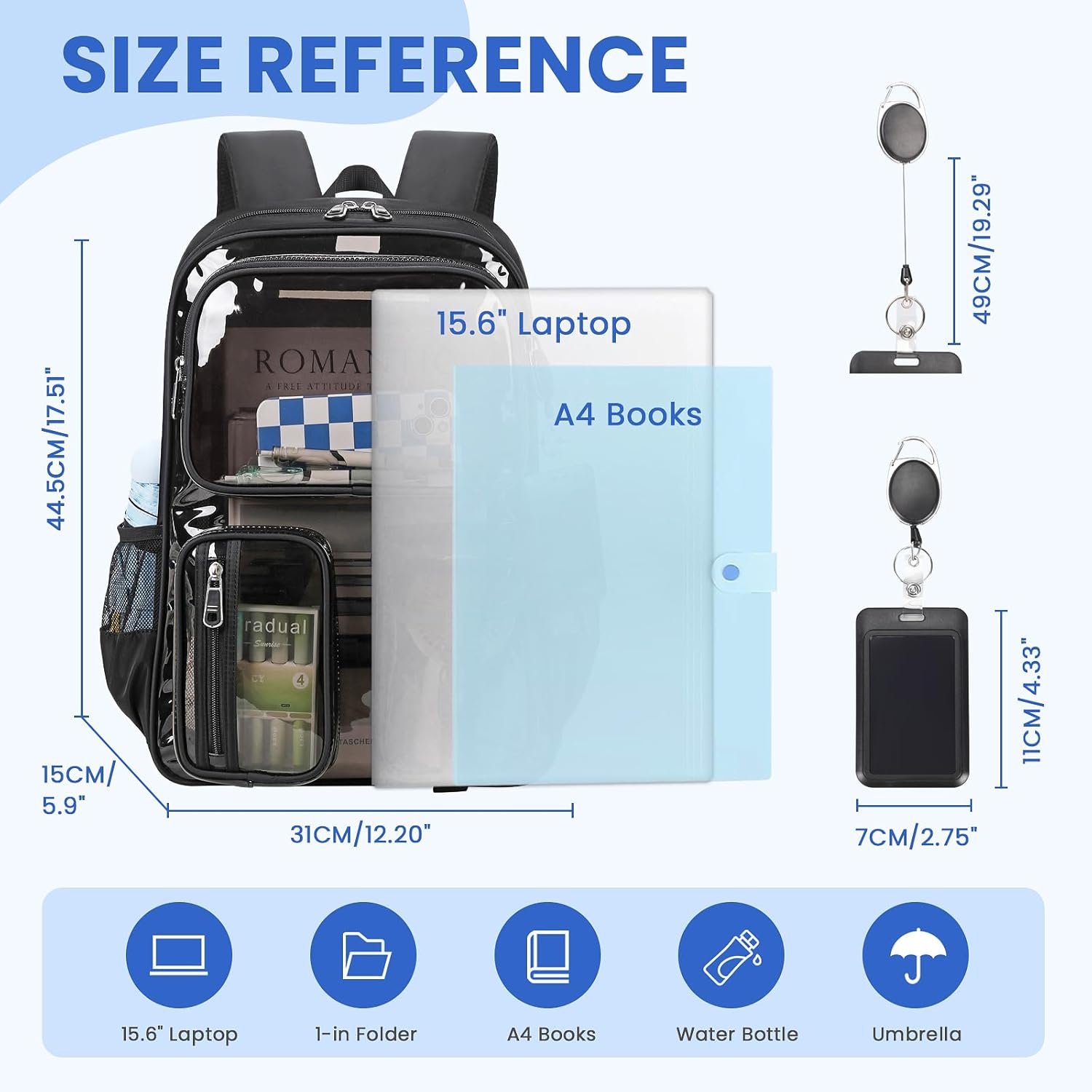Skiennix Clear Backpack - Heavy Duty Transparent Bookbag for School | Semi-Black with Badge Holder