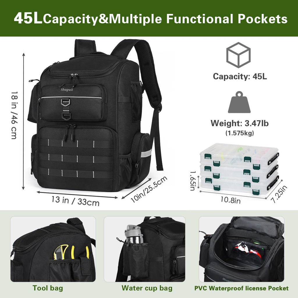 Skiennix Large Fishing Backpack - Waterproof 45L Tackle Bag with Rod Holders | Perfect Fishing Gear Gift for Men