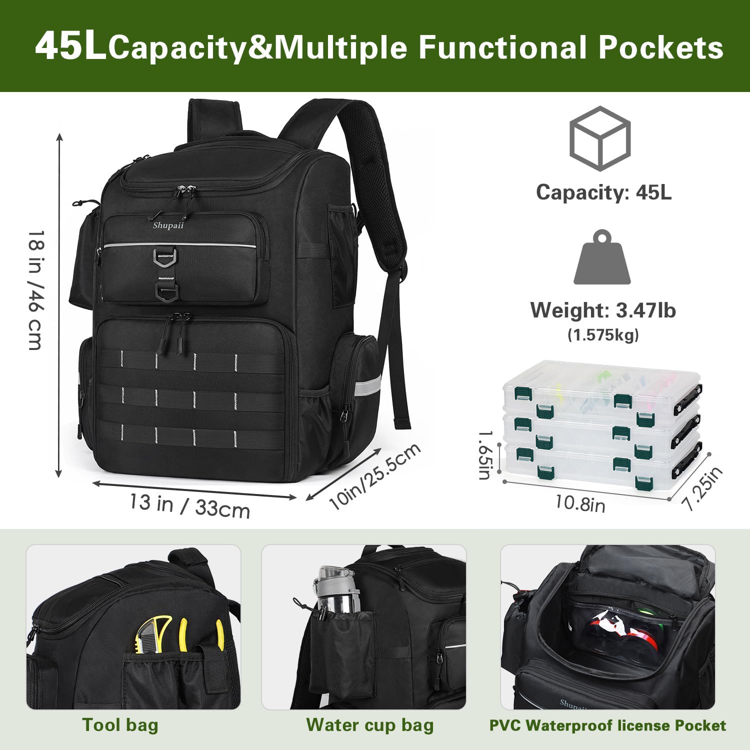 Skiennix Large Fishing Backpack - Waterproof 45L Tackle Bag with Rod Holders | Perfect Fishing Gear Gift for Men