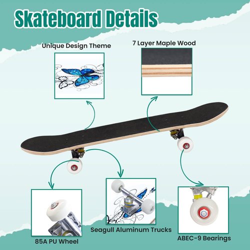EFTOWEL Skateboards Composition of Blue Butterflies Morpho and White Butterflies on White Classic Concave Skateboard Cool Stuff Teen Gifts Longboard Extreme Sports for Beginners and Professionals