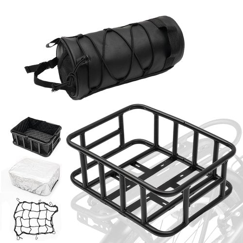 T TGBROS 6-in-1 Bike Basket Rear Rack with Bike Handlebar Bag Bike Basket with Cargo Net and Liner Large Bicycle Basket Heavy Duty Bicycle Rear Basket with Liner Waterproof Cover Cargo Net