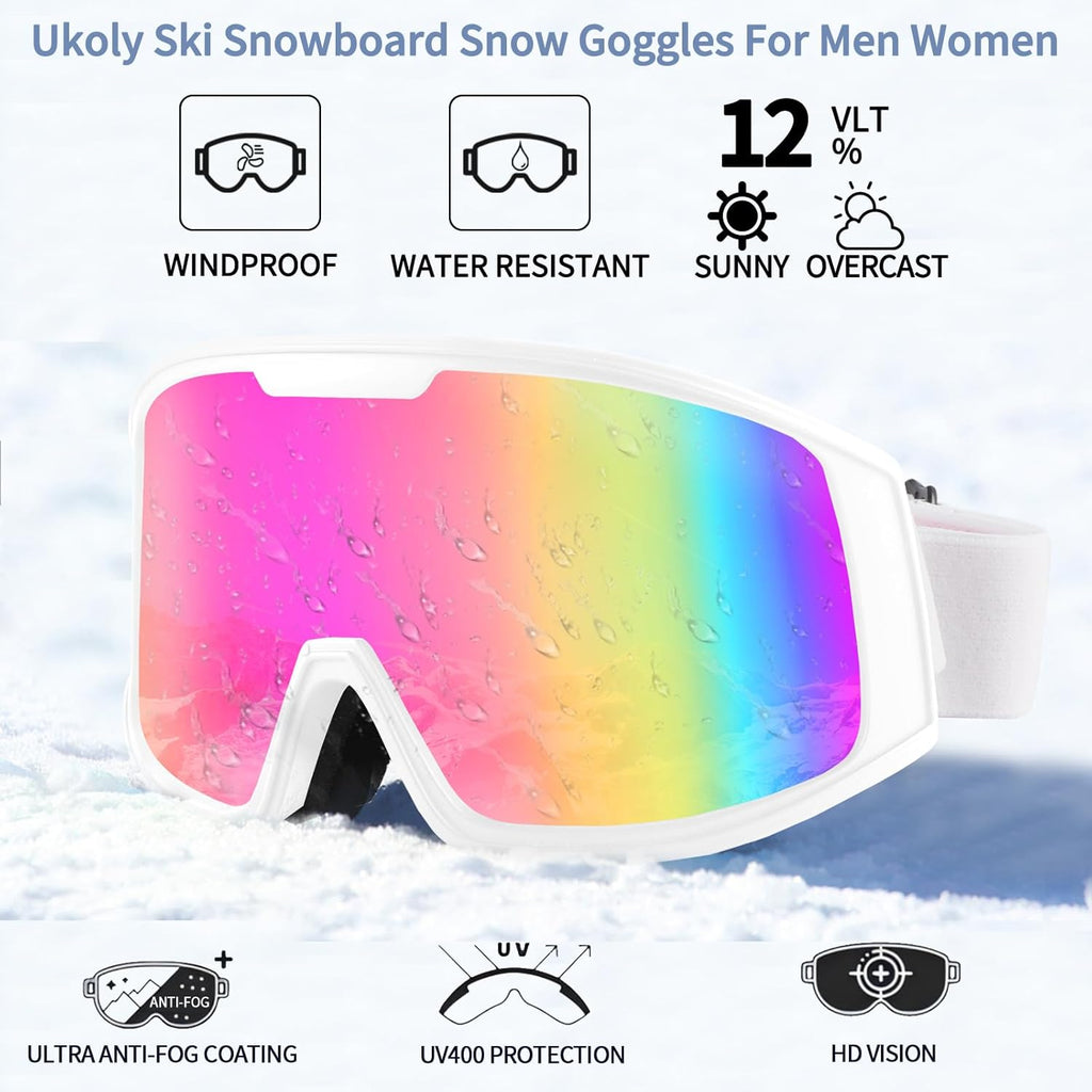 Ukoly Ski & Snowboard Goggles - HD Anti-Fog Lens, OTG Design, UV400 Protection | Men & Women