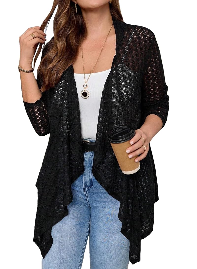 Plus Size Lightweight Cardigan for Women - Kimono Beach Cover Up, Half Sleeve, Hollow Out