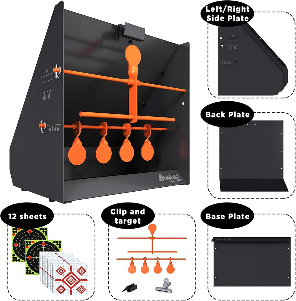 Pellet Gun Target Trap - 12 Paper Targets & 4 Resetting Metal Targets for Airgun & Rifle Practice