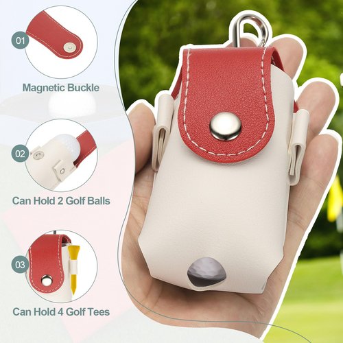 uxcell 2 x 1.8 x 3.7 Inch Golf Ball Bag, Portable PU Leather Golf Ball Pouch with Belt Clip Storage Bag with Tee Holder for Men and Women, Red