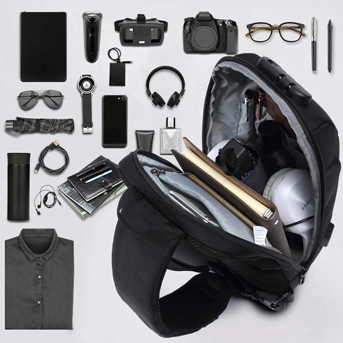 OZUKO Men Sling Backpack - Anti-Theft Crossbody Bag with USB Charging Port, Waterproof Lightweight Travel Hiking Commute Bag(Black)