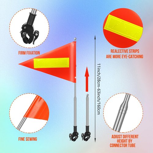 Golf Cart Flag 25x35cm Orange Safety Flag with Reflective Strip and 5.3 Feet Retractable Flagpole, Golf Cart Flags Holder, Bike Flag with Pole and Mount, Golf Cart Decorations