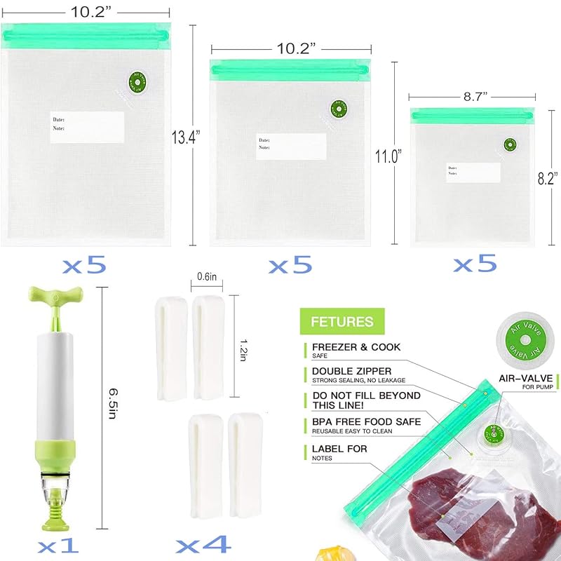 Green Kit: 20 Pack Reusable Sous Vide Bags with 3 Sizes, Hand Pump & Clips