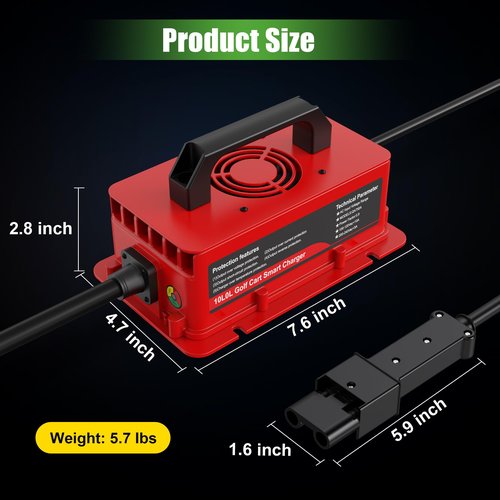 10L0L 15 Amp 48 Volt Golf Cart Charger for Yamaha G19 G22 with Plug- Lightweight Smart Charging for Lead Acid Batteries, Auto-Shut Off Protection, IP67 Waterproof - Black/Red