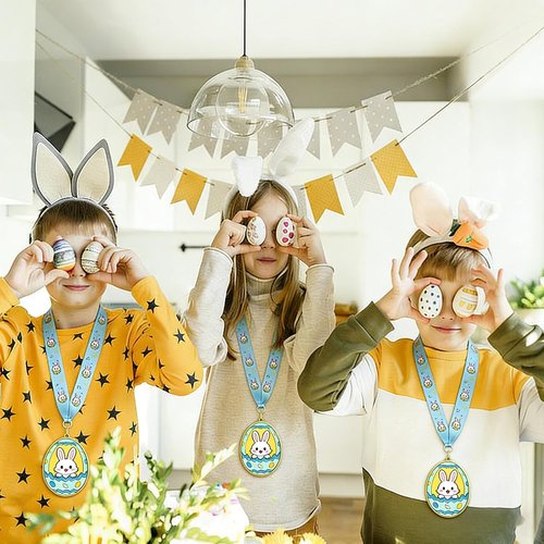 Gold Medals by Easter | 2.95 Inch Bunny Egg Shape Awards with Colorful Neck Ribbons for Egg Hunt Parties