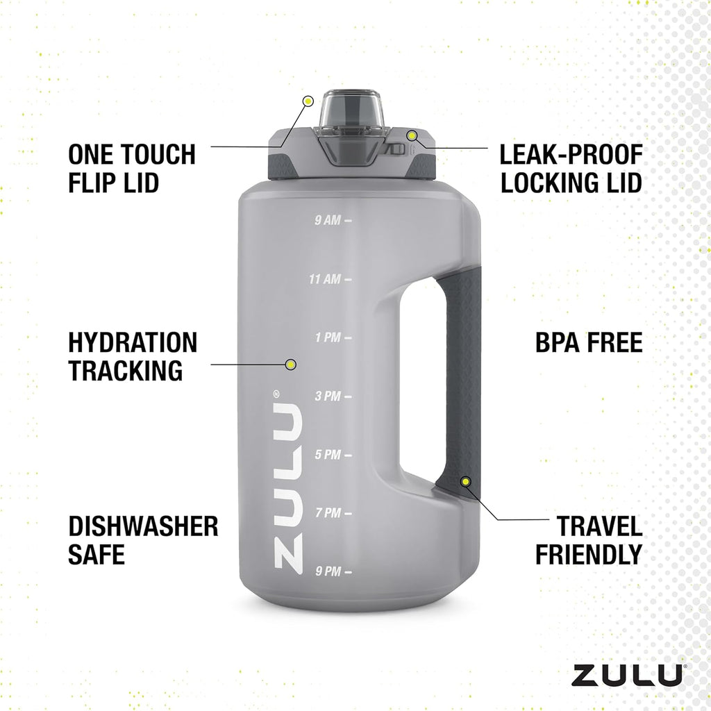 ZULU Goals 64oz Half Gallon Water Bottle - Leak Proof, Time Marker & Straw | Grey Reusable Jug for Gym & Outdoors