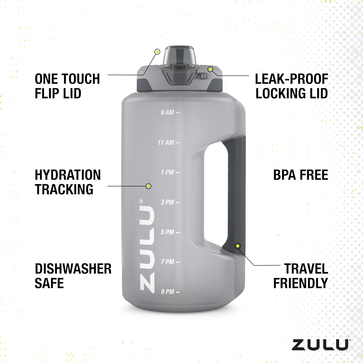 ZULU Goals 64oz Half Gallon Water Bottle - Leak Proof, Time Marker & Straw | Grey Reusable Jug for Gym & Outdoors