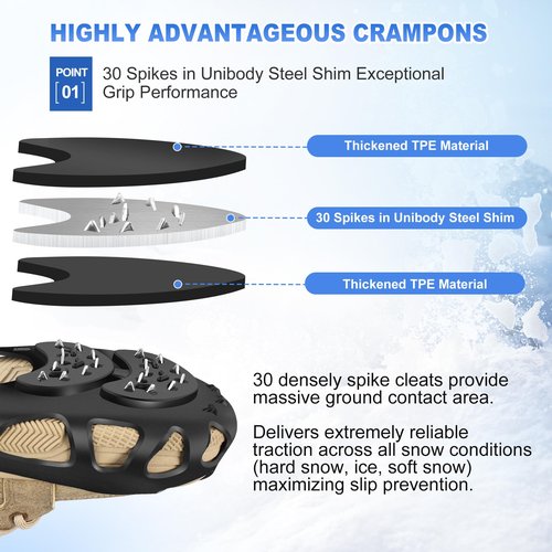 Ice Cleats, Ice Cleats for Shoes and Boots, Crampons for Shoes with 30 Spikes Anti Slip Snow Shoes(Large)