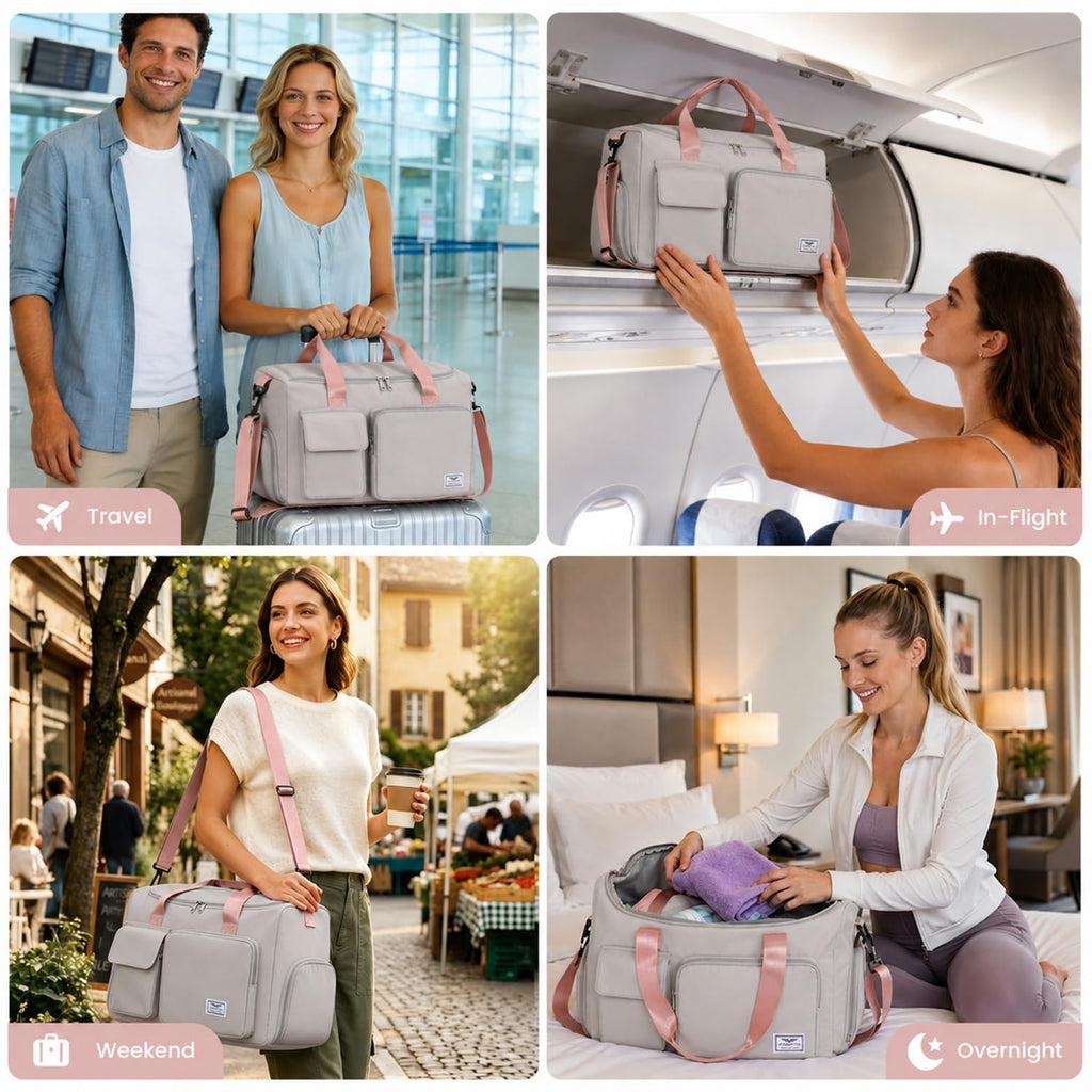 FIORETTO Women's Gym Duffle Bag with Shoes Compartment, 30L Capacity, Ideal for Travel, Gym, Sports, Duffel, Weekender, Grey & Pink