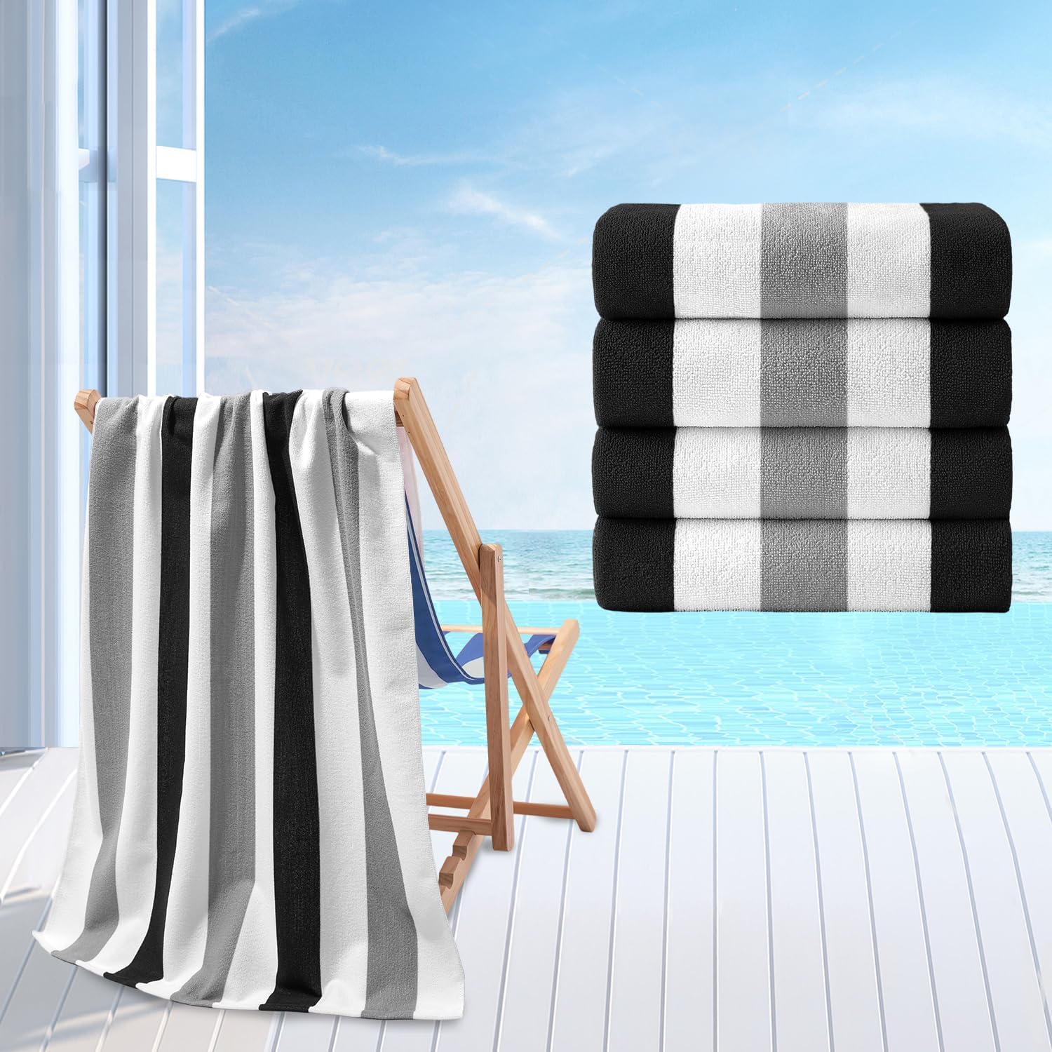 Skiennix Beach Towel Set - 4 Pack 30"x60" Quick-Dry, Sand-Free, Soft Absorbent Towels | Grey/Black