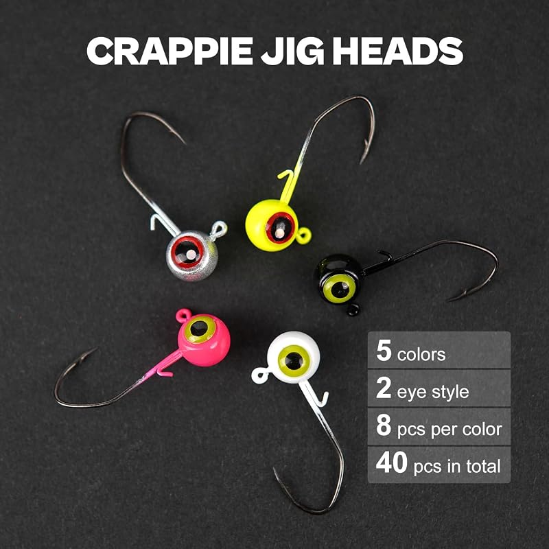 40-Pack Fishing Jig Heads 1/32-1/8oz - 5 Colors Kit for Panfish, Walleye, Bass (Style1+1/16) - 40 PCs