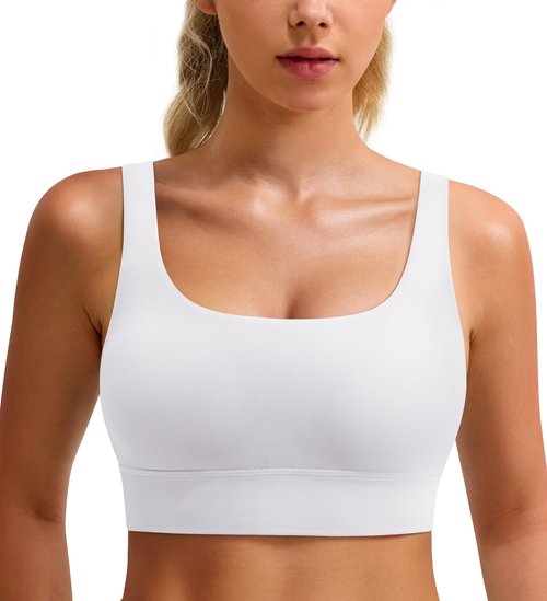 BAYDI Clouduxi Scoop Neck Sports Bras for Women - U Back Padded Workout Crop Top with Built in Bra Low Impact Yoga Bra White