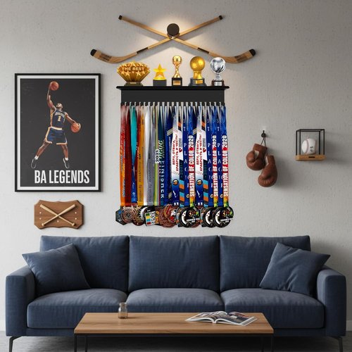 Moxweyeni Medal Hanger Display - Non-Slip Wall Mount Trophy Shelf with 22 Hooks & DIY Alphabet Stickers