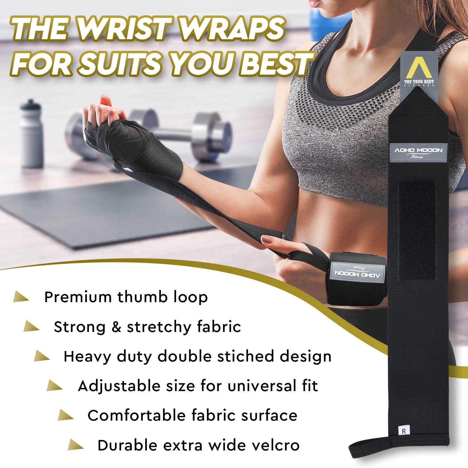 AOHO MOOON 18" Wrist Wraps for Weightlifting(Pair), Lifting Wrist Straps for Bench, Powerlifting & Weight Training, Heavy Duty Support for Working Out