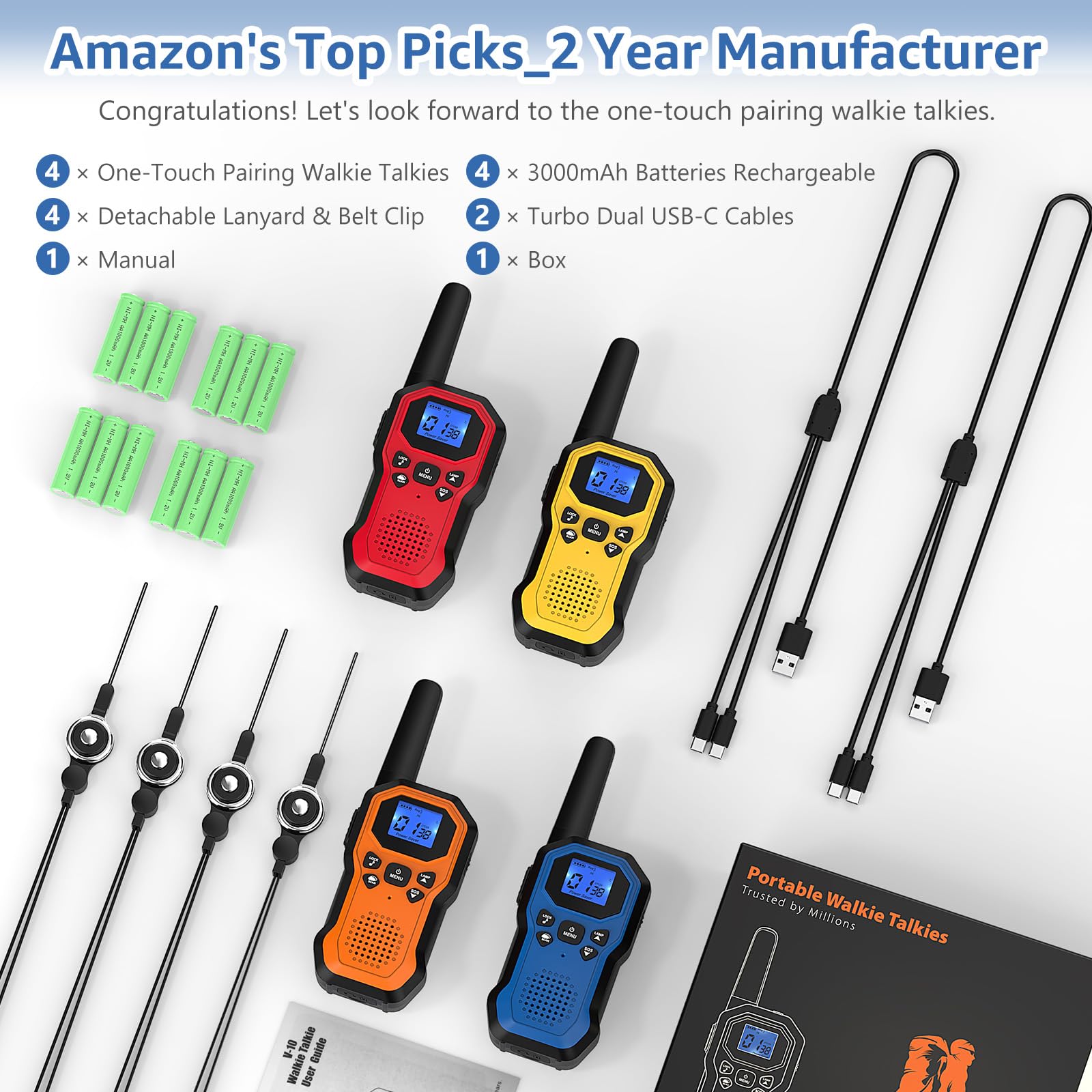 Walkie Talkies for Adults Long Range 2 Way Radios for Kids Rechargeable 4 Pack, Hiking Camping Skiing Cruising Gear with Lamp, USB-C, SOS Siren, NOAA Alert, iVOX Hands-Free, One-Touch Pairing