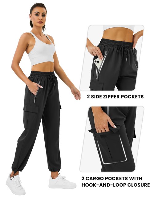 DLOODA Women's Cargo Pants Quick Dry Lightweight Hiking Pants with Zipper Pockets Waterproof Joggers Casual(Black M)