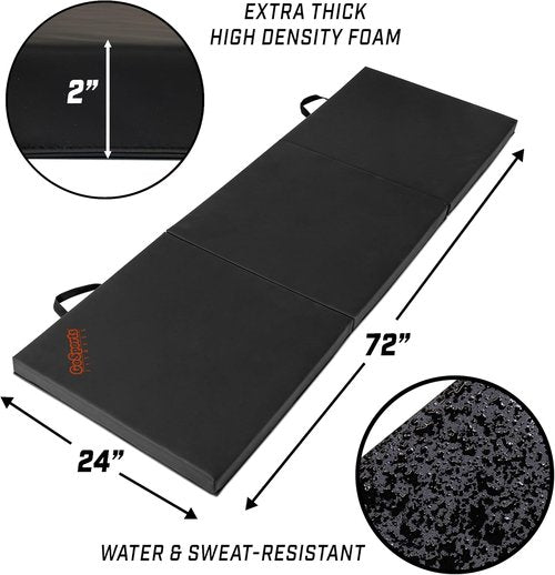 GoSports Tri-Fold Exercise Fitness Mat - 2 Inch Thick, 6 ft x 2 ft - Ideal for Workouts, Yoga, Stretching