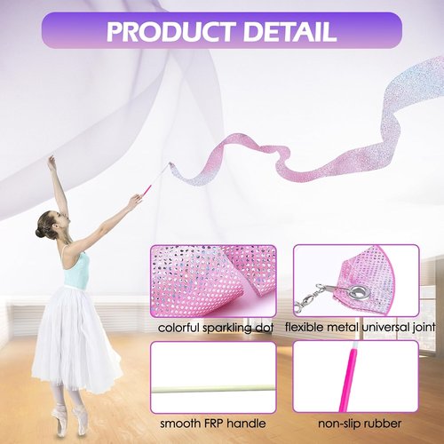 Claemtun 2PCS Sparkly Dance Ribbons - 78.74 Inch Rhythmic Gymnastics Wand for Girls & Adults