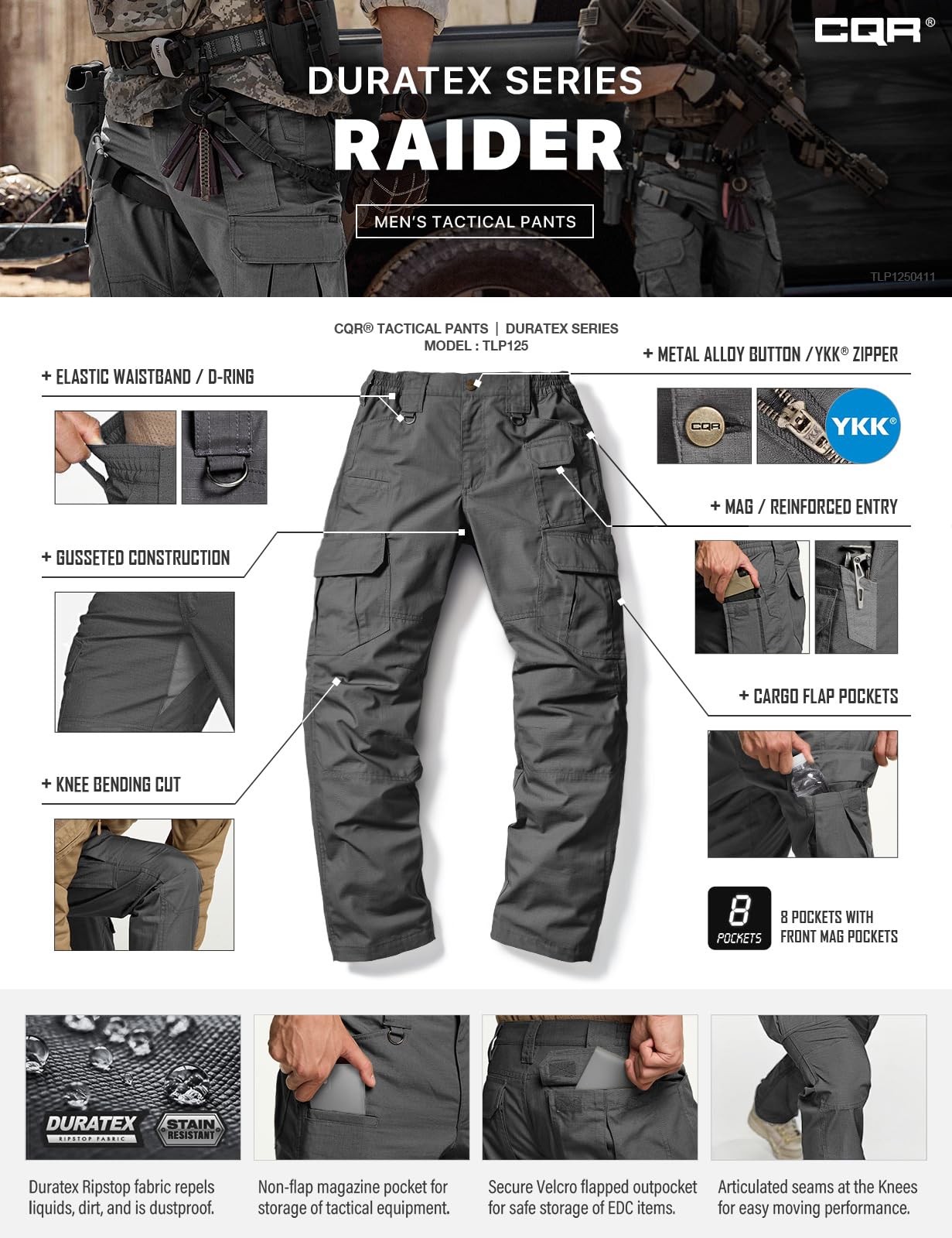 CQR Men's Tactical Pants, Water Resistant Ripstop Cargo Pants, Lightweight EDC Work Hiking Pants, Outdoor Apparel, Duratex Mag Pocket Charcoal, 44W x 32L