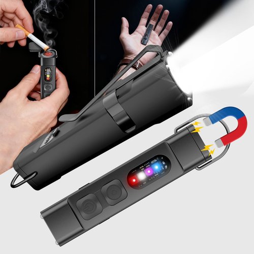 SKYFIRE 2Pack Rechargeable EDC Flashlight with Electric Lighter,Clip and Magnetic Base,Mini Flash Lights with UV Red and White LED Light Portable Pocket Light for Outdoors Indoor Emergency Working