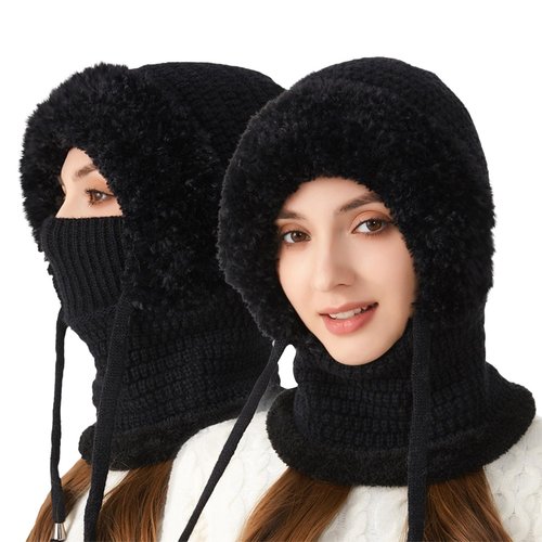 3 in 1 Beanie Hat with Scarf and Mask, Women Fleece Lined Beanie Hat Scarf Mask Set, Autumn and Winter Knitted Hat for Women (Black)