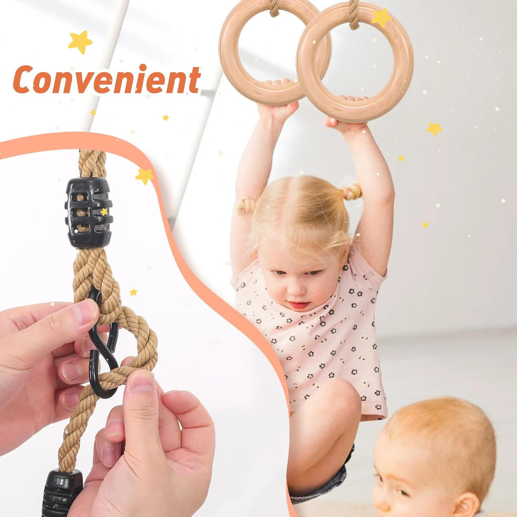 YAERSI Wooden Gymnastics Rings - Adjustable Pull-Up Rings for Kids' Home Exercise | Durable & Versatile