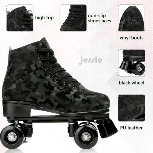 Womens Roller Skates Classic High-top Roller Skates Four-Wheel Roller Skates Shiny Camouflage Roller Skates for Adult Youth Boys Girls Outdoor with Shoes Bag (Black camo,40-US:8.5)