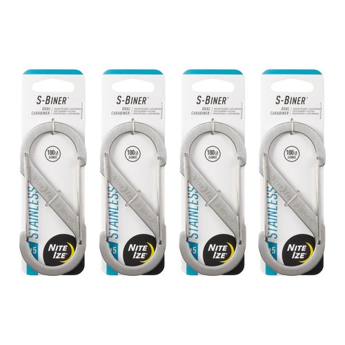 Nite Ize S-Biner Stainless Steel Dual Carabiner - Multi Purpose Dual Carabiner Clip - Great for Camping Supplies & Hiking Essentials - Secure Key Holder - Size 5, Stainless Steel (4 Pack)
