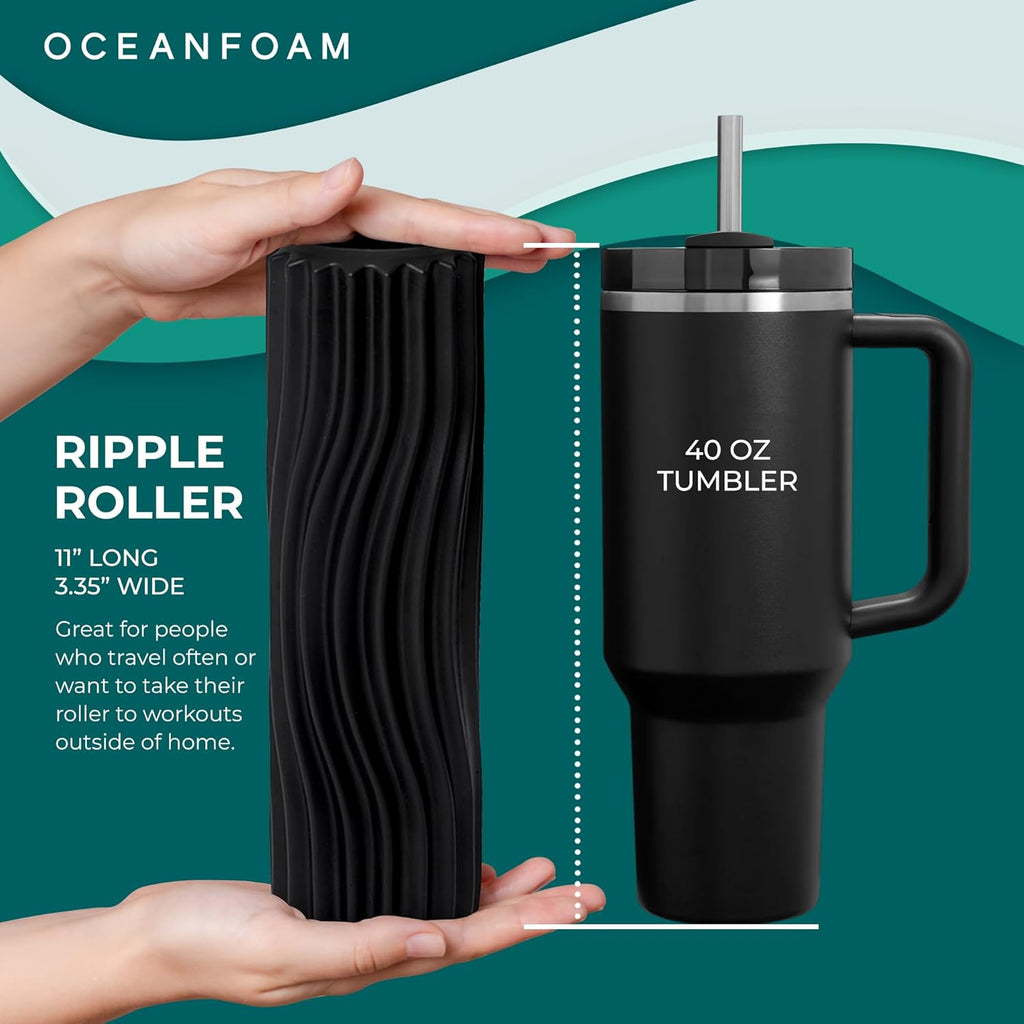 Oceanfoam Ripple Foam Roller - Firm Mini Travel Roller for Deep Tissue Massage | 11" x 3.35" - High Density, Ergonomic Design (Black)