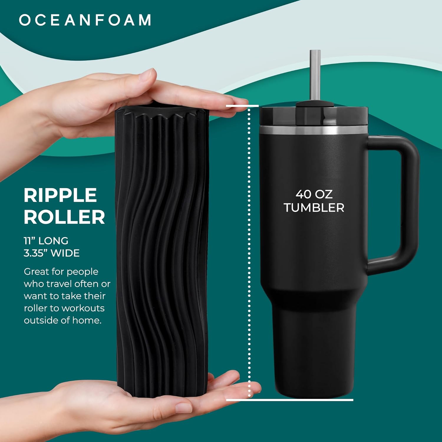 Oceanfoam Ripple Foam Roller - Firm Mini Travel Roller for Deep Tissue Massage | 11" x 3.35" - High Density, Ergonomic Design (Black)